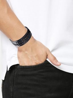 OOMPH - Black Leather Casual Skin Friendly Adjustable Broad Wraparound Fashion Bracelet