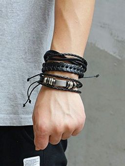 OOMPH - Black And Brown Braided Leather Wrap Around Adjustable Bracelets (Pack of 6)