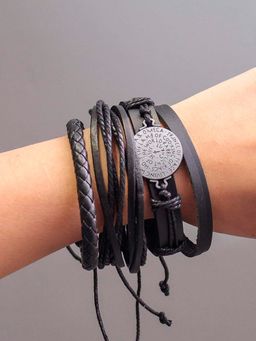 OOMPH - Black Multi-Layer Leather Casual Skin Friendly Adjustable Bracelets (Pack of 4)