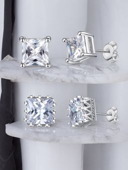 OOMPH - Silver Tone Small Square Cubic Zirconia Stud Earrings (Pack of 2)