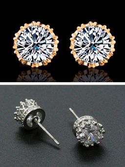 OOMPH - Silver And Gold Plated Round Cubic Zirconia Ear Stud Earrings (Pack of 2)