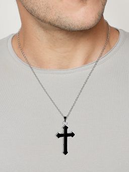 OOMPH - Silver Stainless Steel Black Enamel Jesus Cross Fashion Pendant Necklace Chain