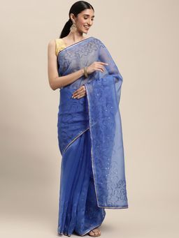 Vastranand - Blue Colour Organza Party Wear Saree With Resham Work with Unstitched Blouse