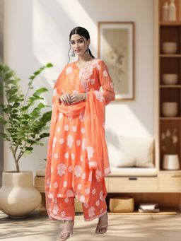 ADA - Hand Embroidered Orange Georgette Lucknowi Chikankari Unstitched Dress Material (Set of 3)