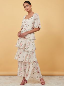 Styli - Cream Short Sleeves Square Neck Floral Print A-line Maxi Dress