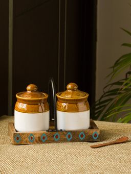 ExclusiveLane - 'The Perched Family' Jar Set With Tray & Spoons In Sheesham Wood
