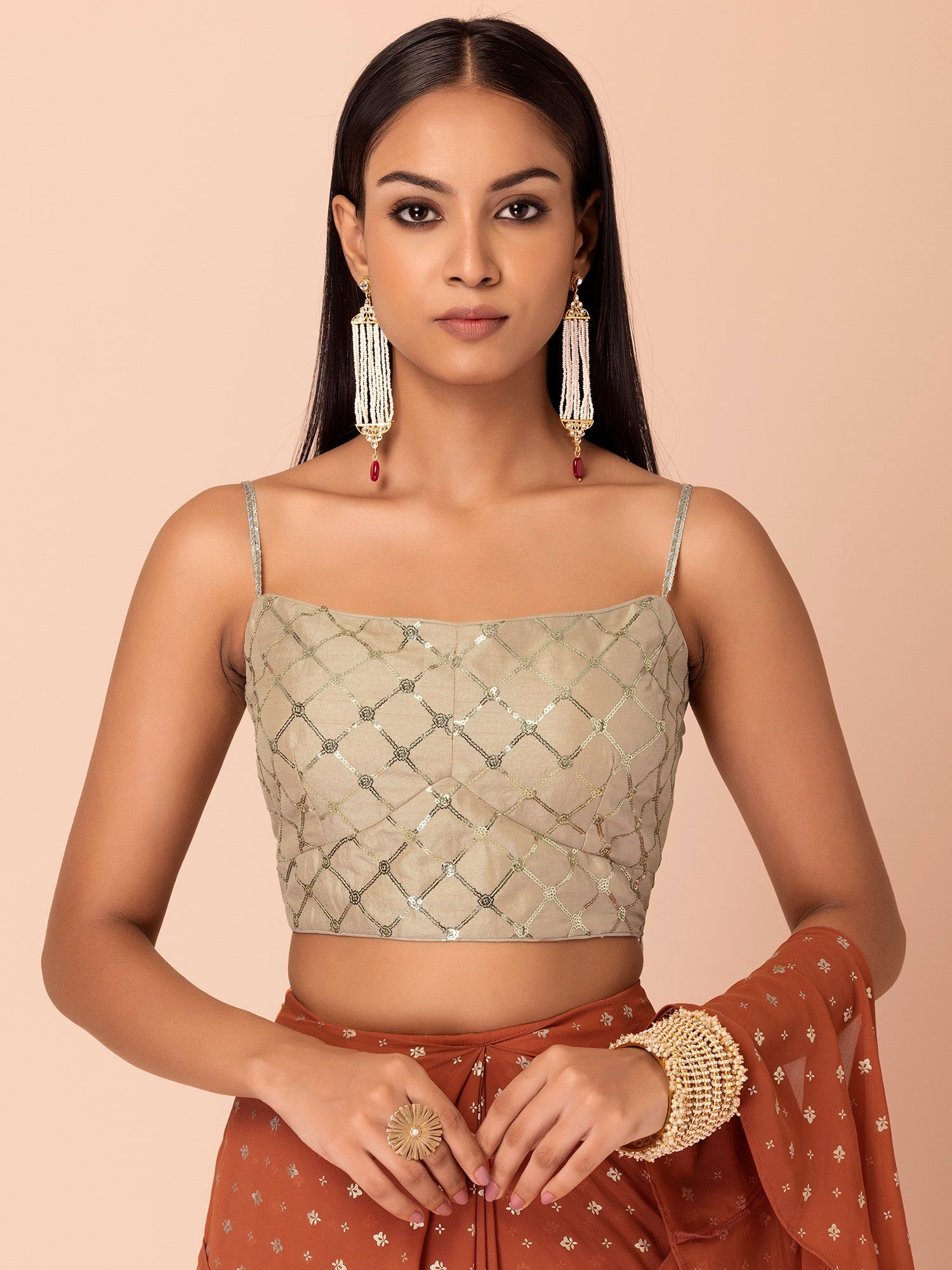 Buy Indya Beige Sequin Embroidered Strappy Stitched Blouse Online