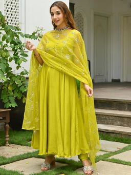 Lavanya The Label - Parrot Green Anarkali (Set of 3)