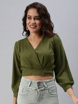 SHOWOFFFF - Women's Vertical Stripes Cinched Waist Olive V-neck Top
