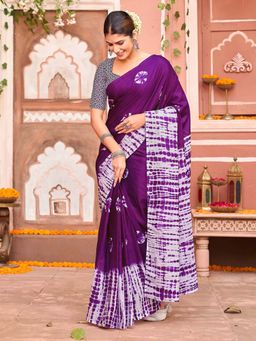 SATRANI - Dark Purple Printed With Pocket Ready To Wear Cotton Saree with Unstitched Blouse