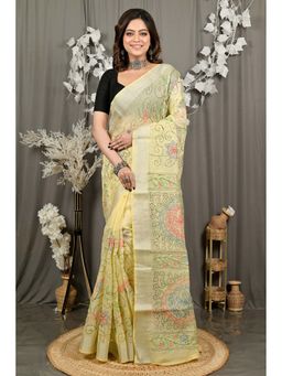 DipDiya - Varitikath Yellow Cotton Bengali Kantha Stitch Saree with Unstitched Blouse