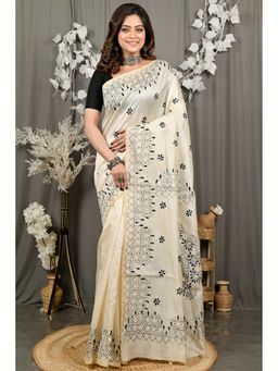 DipDiya - Varitikath Yellow Cotton Bengali Kantha Stitch Saree with Unstitched Blouse