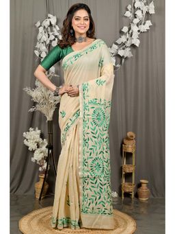DipDiya - Varitikath Cream Green Cotton Bengali Kantha Stitch Saree with Unstitched Blouse