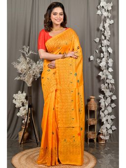 DipDiya - Varitikath Yellow Cotton Bengali Kantha Stitch Saree with Unstitched Blouse