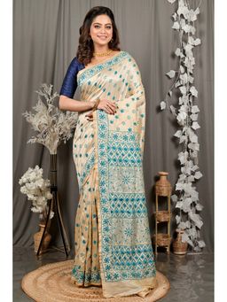 DipDiya - Varitikath Cream Green Cotton Bengali Kantha Stitch Saree with Unstitched Blouse