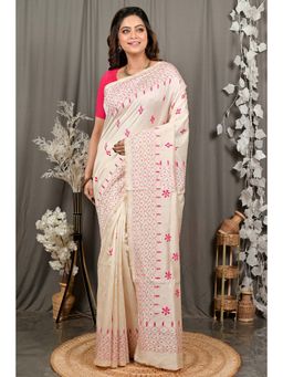 DipDiya - Varitikath Cream Cotton Bengali Kantha Stitch Saree with Unstitched Blouse