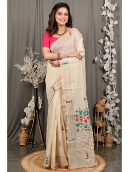 DipDiya - Varitikath Cream Cotton Bengali Kantha Stitch Saree with Unstitched Blouse