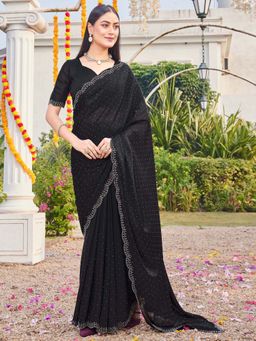 SATRANI - Black Stone Work Scalloped Border Georgette Saree with Unstitched Blouse
