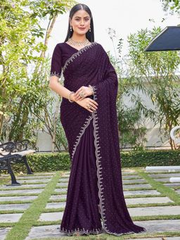 SATRANI - Dark Wine Stone Work Scalloped Border Georgette Saree with Unstitched Blouse