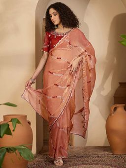 SATRANI - Peach Embroidery Sequins Work Scalloped Border Saree with Unstitched Blouse