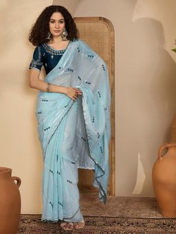 SATRANI - Sky Blue Embroidery Sequins Work Scalloped Border Saree with Unstitched Blouse