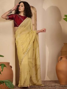 SATRANI - Light Yellow Embroidery Scalloped Border Chiffon Saree with Unstitched Blouse