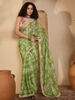 SATRANI - Green Printed Sequins Lance Tissue Saree with Unstitched Blouse