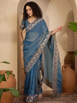 SATRANI - Dusty Blue Embroidery Scalloped Border Georgette Saree with Unstitched Blouse