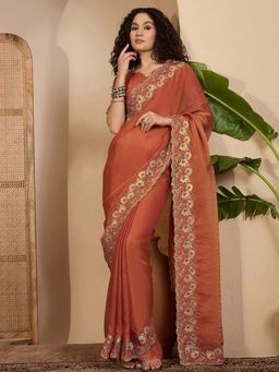 SATRANI - Rust Embroidery Scalloped Border Georgette Saree with Unstitched Blouse