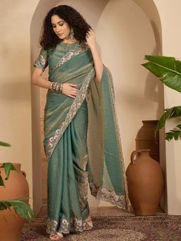 SATRANI - Sage Green Embroidery Scalloped Border Georgette Saree with Unstitched Blouse