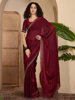 SATRANI - Maroon Stone Work Scalloped Border Tissue Saree with Unstitched Blouse