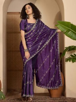 SATRANI - Dark Purple Embroidery Scalloped Border Georgette Saree with Unstitched Blouse
