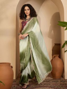 SATRANI - Olive Green Off-White Sequins Embroidery Lace Saree with Unstitched Blouse