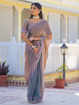 SATRANI - Grey Stone Work Scalloped Border Chiffon Saree with Unstitched Blouse