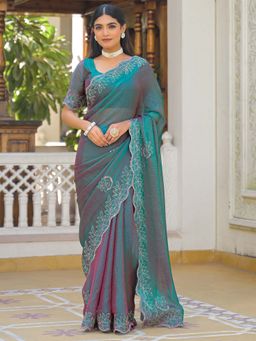 SATRANI - Teal Green Stone Work Scalloped Border Chiffon Saree with Unstitched Blouse