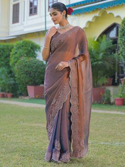 SATRANI - Copper Stone Work Scalloped Border Chiffon Saree with Unstitched Blouse