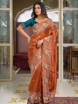 SATRANI - Dusty Rust Embroidery Scalloped Border Crush Tissue Saree with Unstitched Blouse