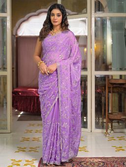SATRANI - Lavender Sequins Embroidery Scalloped Border Saree with Unstitched Blouse