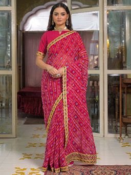 SATRANI - Dark Pink Bandhani Printed Foil Print Embroidery Saree with Unstitched Blouse