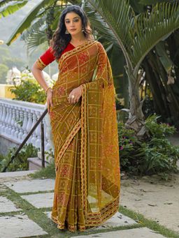 SATRANI - Olive Bandhani Printed Embroidery Lace Georgette Saree with Unstitched Blouse