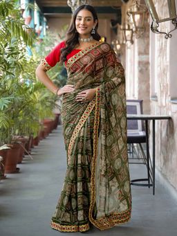 SATRANI - Dark Green Bandhani Printed Foil Print Embroidery Saree with Unstitched Blouse