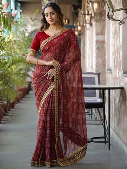 SATRANI - Maroon Bandhani Printed Foil Print Embroidery Lace Saree with Unstitched Blouse