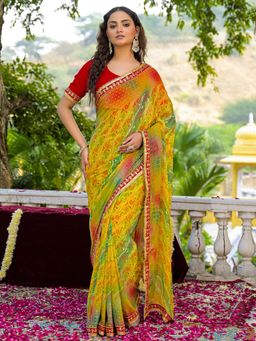 SATRANI - Yellow and Green Bandhani Printed Saree with Unstitched Blouse