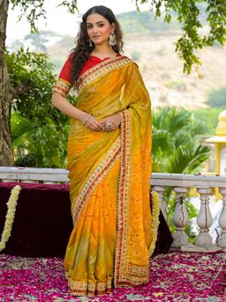 SATRANI - Yellow and Green Bandhani Printed Chiffon Saree with Unstitched Blouse