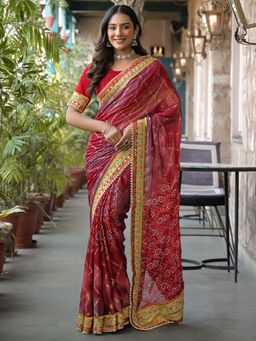 SATRANI - Magenta Bandhani Printed Chiffon Saree with Unstitched Blouse