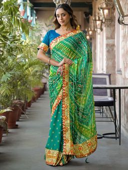 SATRANI - Teal Green Bandhani Printed Chiffon Saree with Unstitched Blouse