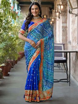SATRANI - Teal Blue Bandhani Printed Chiffon Saree with Unstitched Blouse