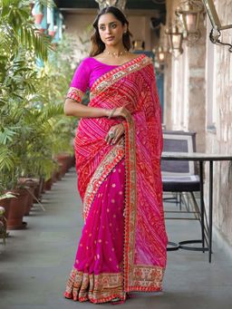 SATRANI - Pink and Red Bandhani Printed Chiffon Saree with Unstitched Blouse