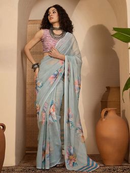 SATRANI - Grey Floral Printed Foil Print Georgette Saree with Unstitched Blouse