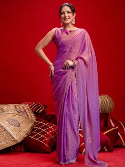 SATRANI - Purple Stone Work Scalloped Border Georgette Saree with Unstitched Blouse
